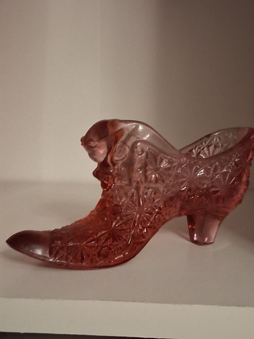 Vintage Fenton Art Glass Pink Star burst floral Cat Head Slipper Shoe Boot